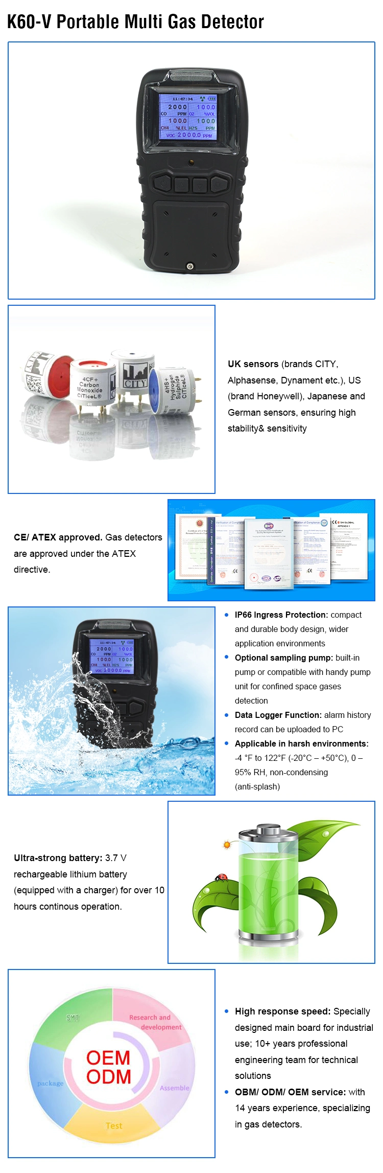 Handheld Gas Monitoring Device Portable 4 in 1 Gas Detector